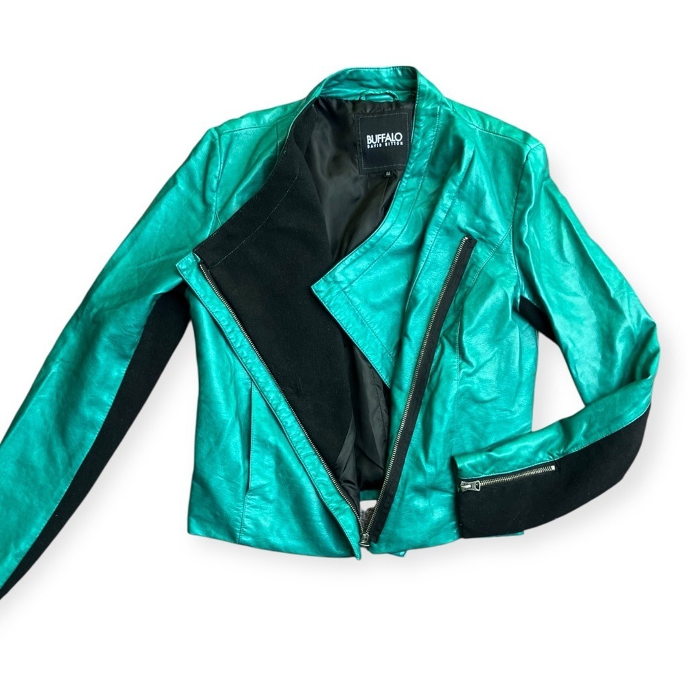 Buffalo David Bitton Faux Leather Moto Jacket Teal Black Asymmetrical Zip Size M - Picture 2 of 3